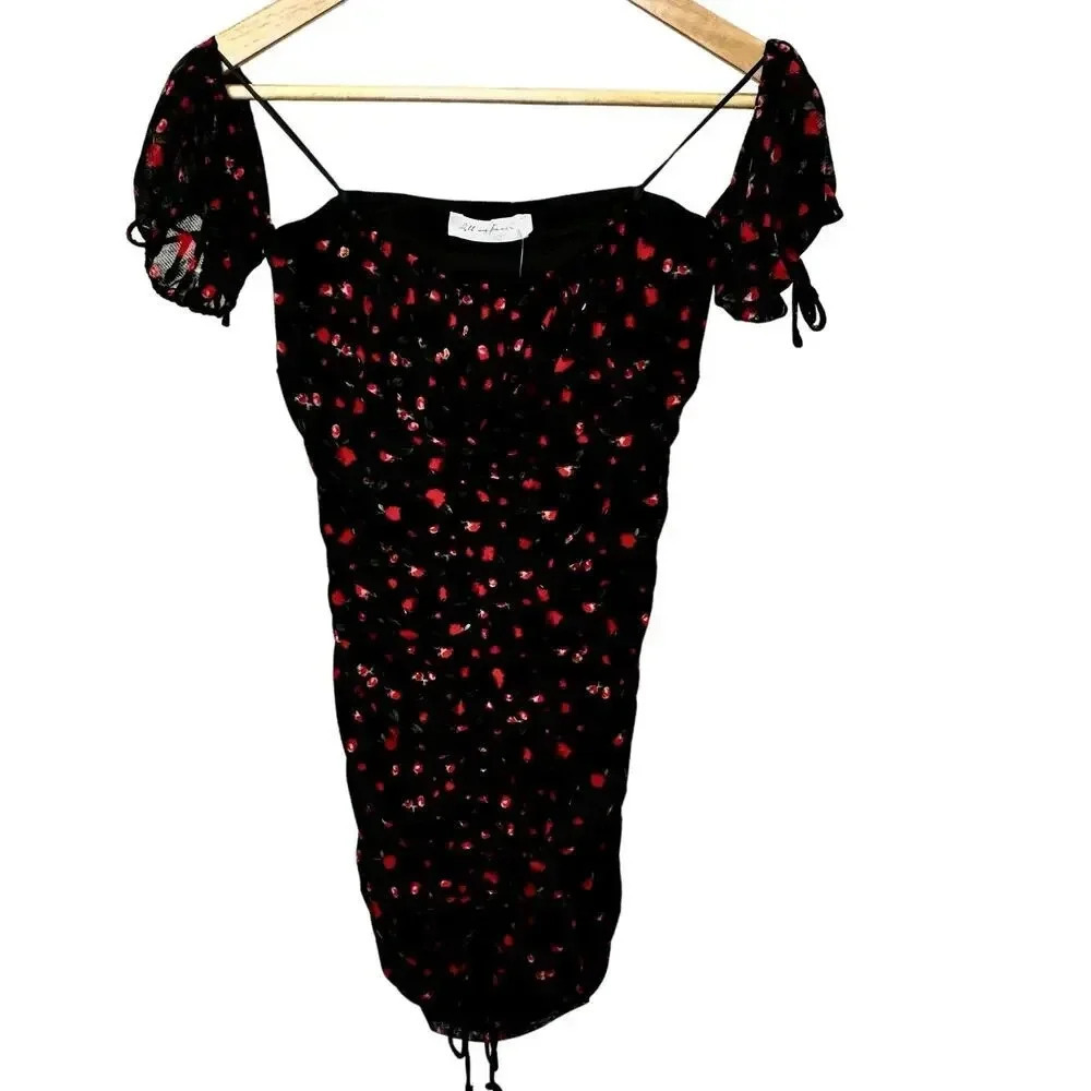NWT All in Favor Ruched the Shoulder Mini dress Black with Red Rose Print. SZ SM - Picture 2 of 10